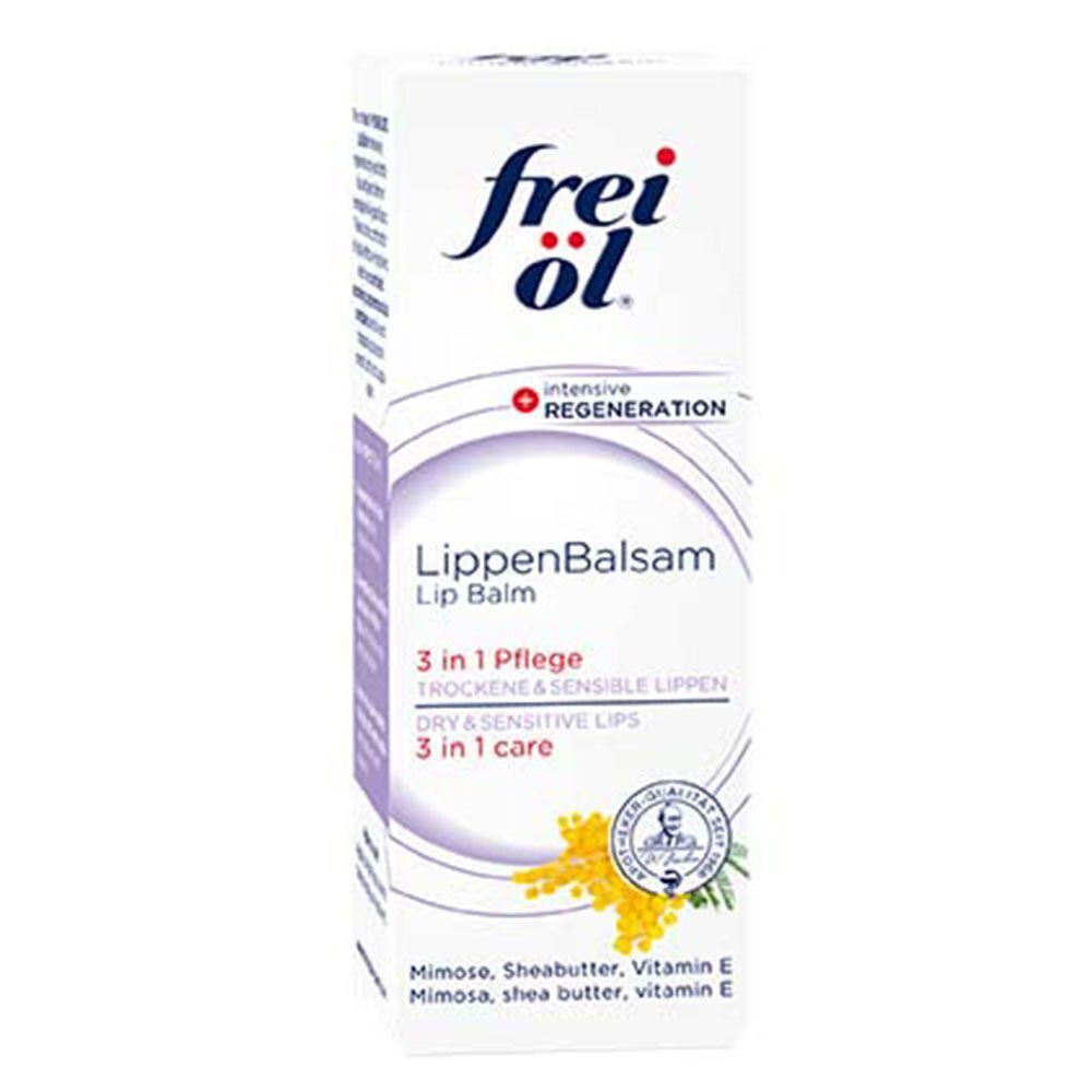 Verpackung von frei öl® HYDROLIPID LippenBalsam. Weißer Karton mit blauem Schriftzug. Produktname, 3-in-1-Pflege und Zertifizierung.