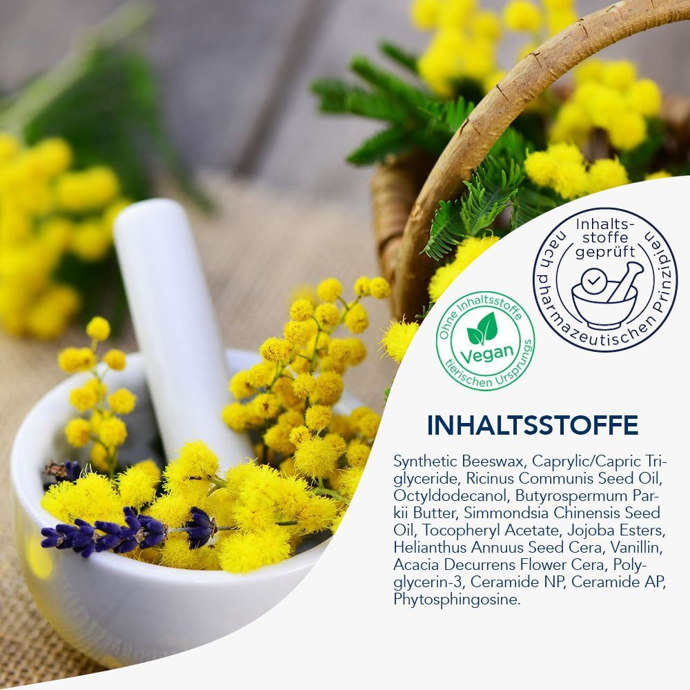Inhaltsstoffe von frei öl® HYDROLIPID LippenBalsam. Text mit Inhaltsstoffen, grünes Vegan-Siegel, pharmazeutische Prüfung.