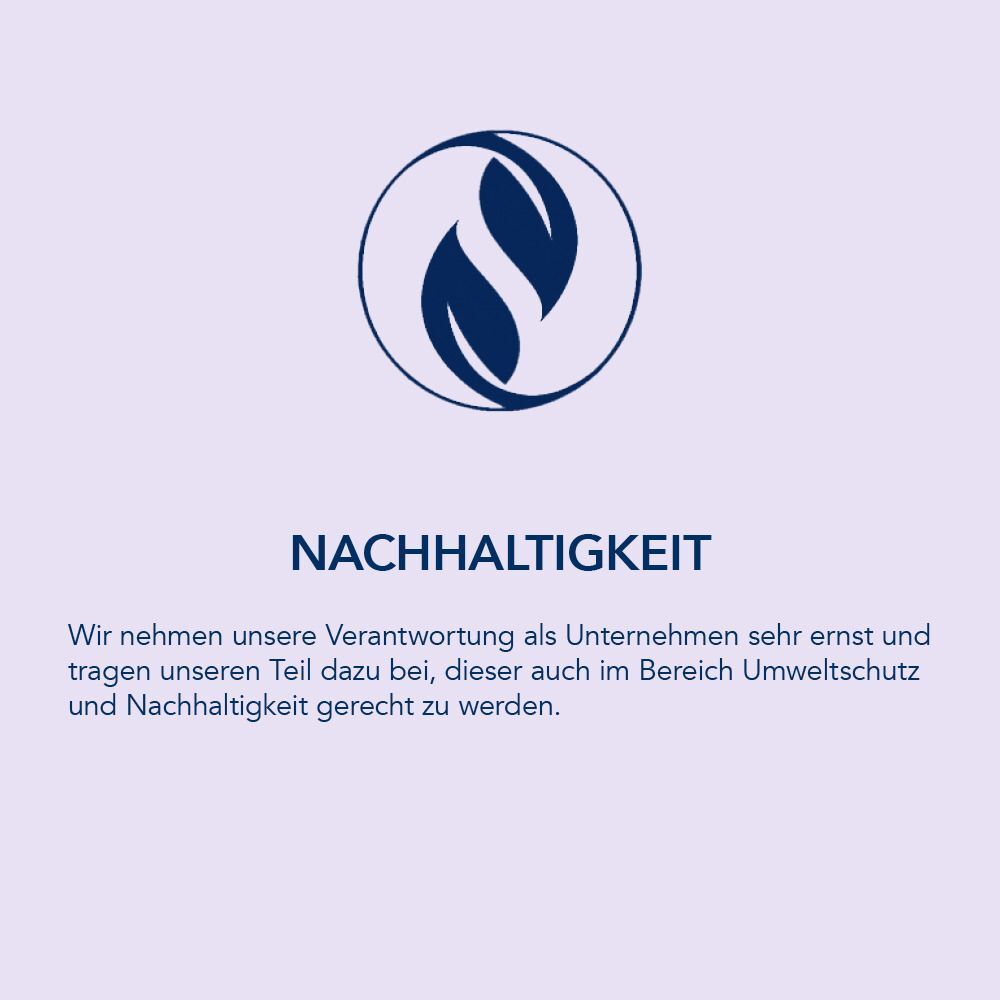 Logo für Nachhaltigkeit. Zwei ineinander verschlungene Blätter in einem Kreis. Text über Nachhaltigkeit.