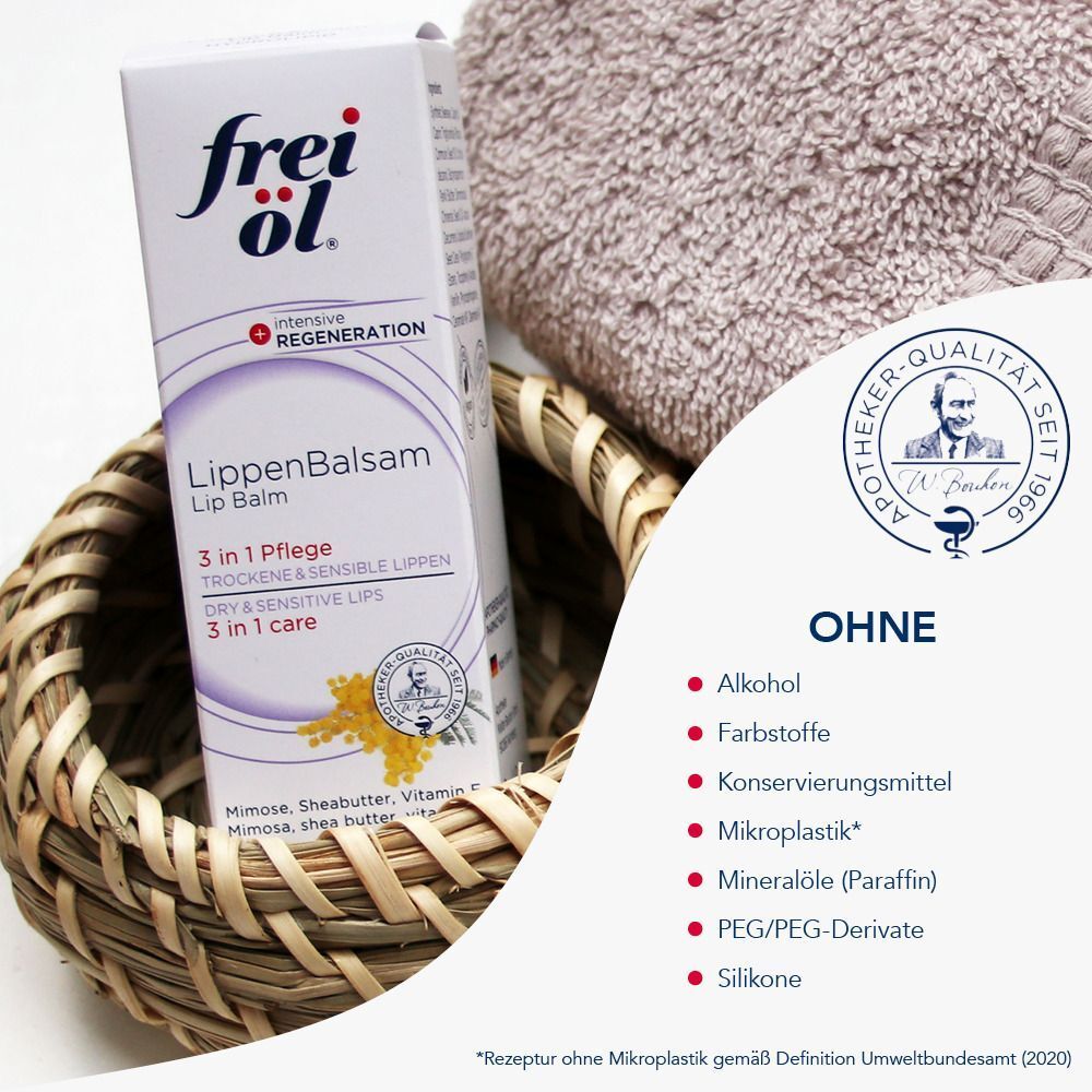 Verpackung von frei öl® HYDROLIPID LippenBalsam. Produktname, 3-in-1-Pflege. Ohne-Liste mit Inhaltsstoffen. Apotheker-Qualität.