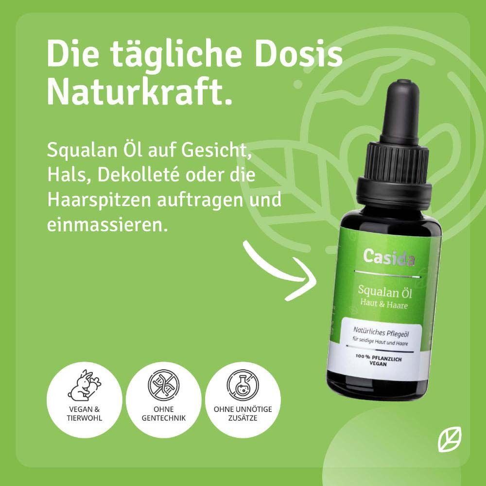 Casida Squalan Öl Flasche mit Tropfer. Text: Vegan & tierwohl, ohne Gentechnik, ohne unnötige Zusätze. Hintergrund grün.