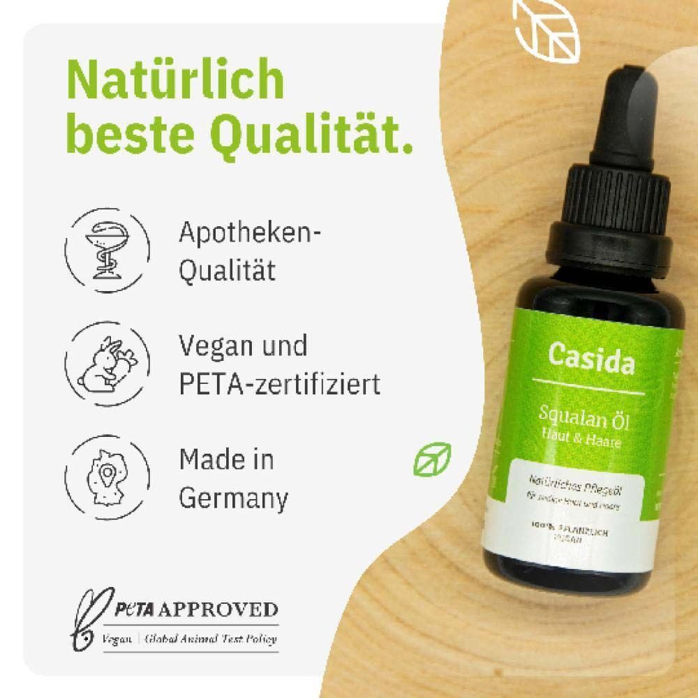 Casida Squalan Öl Flasche mit Tropfer. Text: Apotheken-Qualität, Vegan und PETA-zertifiziert, Made in Germany. PETA-Logo.