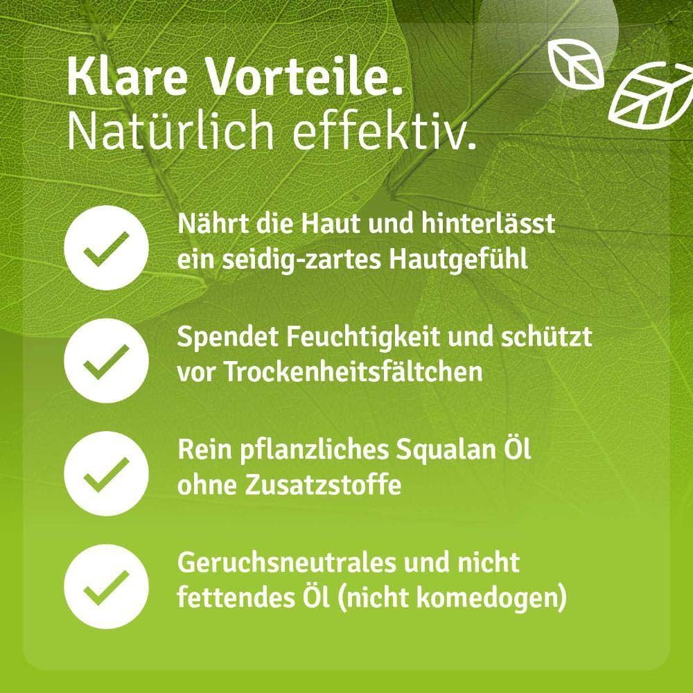 Text: Nährt die Haut, spendet Feuchtigkeit, rein pflanzliches Squalan Öl, geruchsneutral. Grüne Hintergrund mit weißen Häkchen.