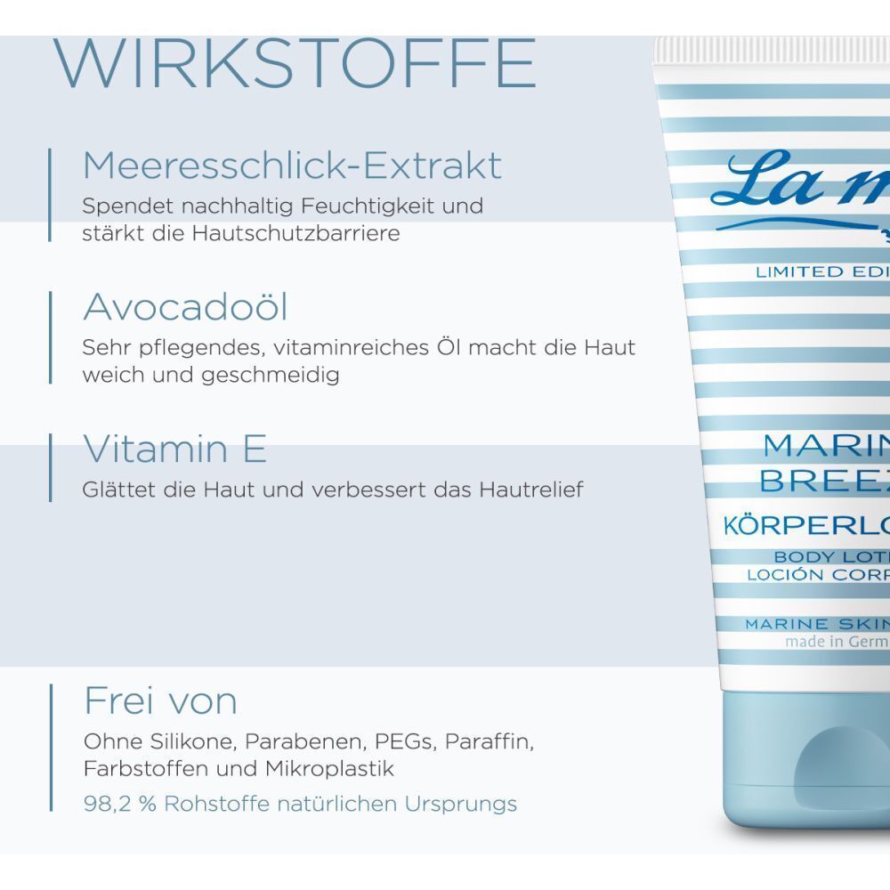 Nahaufnahme einer Tube Körperlotion neben Text. Text: Wirkstoffe, Meereschlick-Extrakt, Avocadoöl, Vitamin E. Produkt: La mer, Marine Breeze.