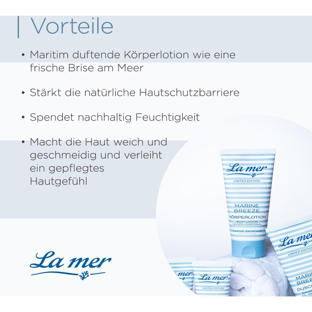 Text mit Vorteilen der Körperlotion. Im Hintergrund: Tuben mit blau-weißem Streifenmuster. Aufschrift: La mer, Marine Breeze, Körperlotion.