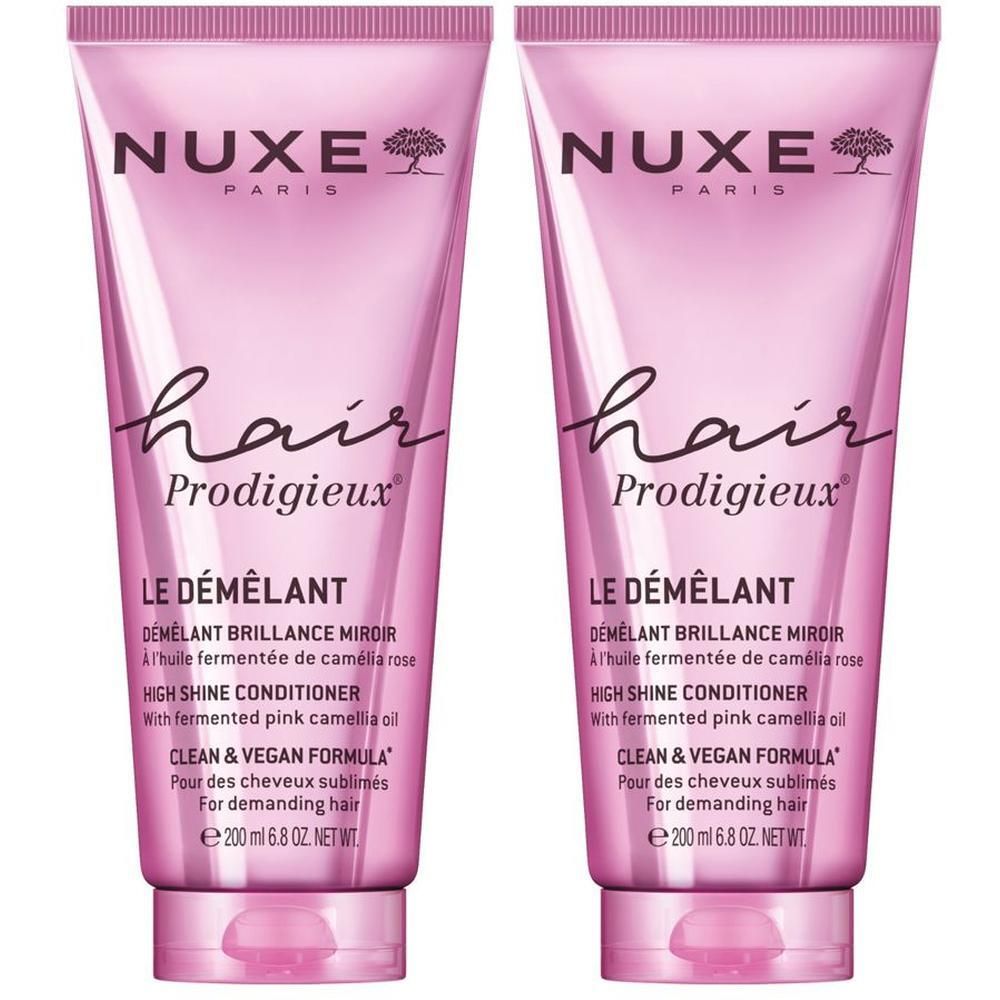 Zwei rosa Tuben. Aufschrift: NUXE, Hair Prodigieux, Le Démêlant, High Shine Conditioner. Inhalt: 200 ml.