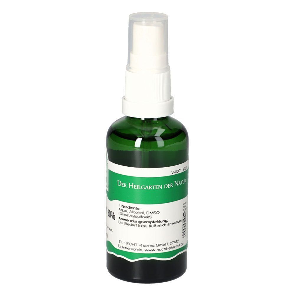 Grüne Sprühflasche mit weißem Sprühkopf. Beschriftung: DMSO-Spray 30%, Logo, Text. Etikett mit grünen und weißen Elementen. Inhaltsstoffe.