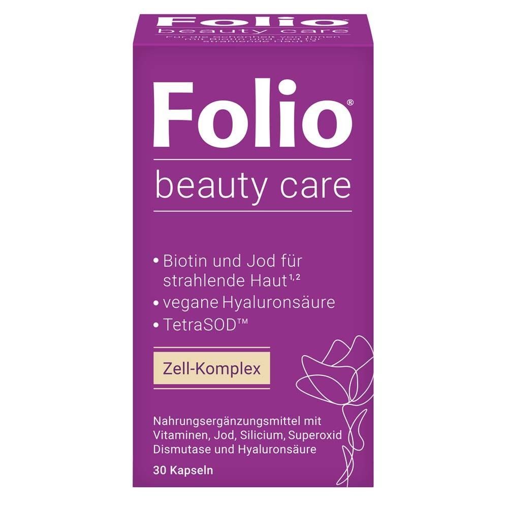 Verpackung von Folio beauty care Kapseln. Lila Schachtel mit weißer Schrift. Enthält 30 Kapseln. Zell-Komplex.