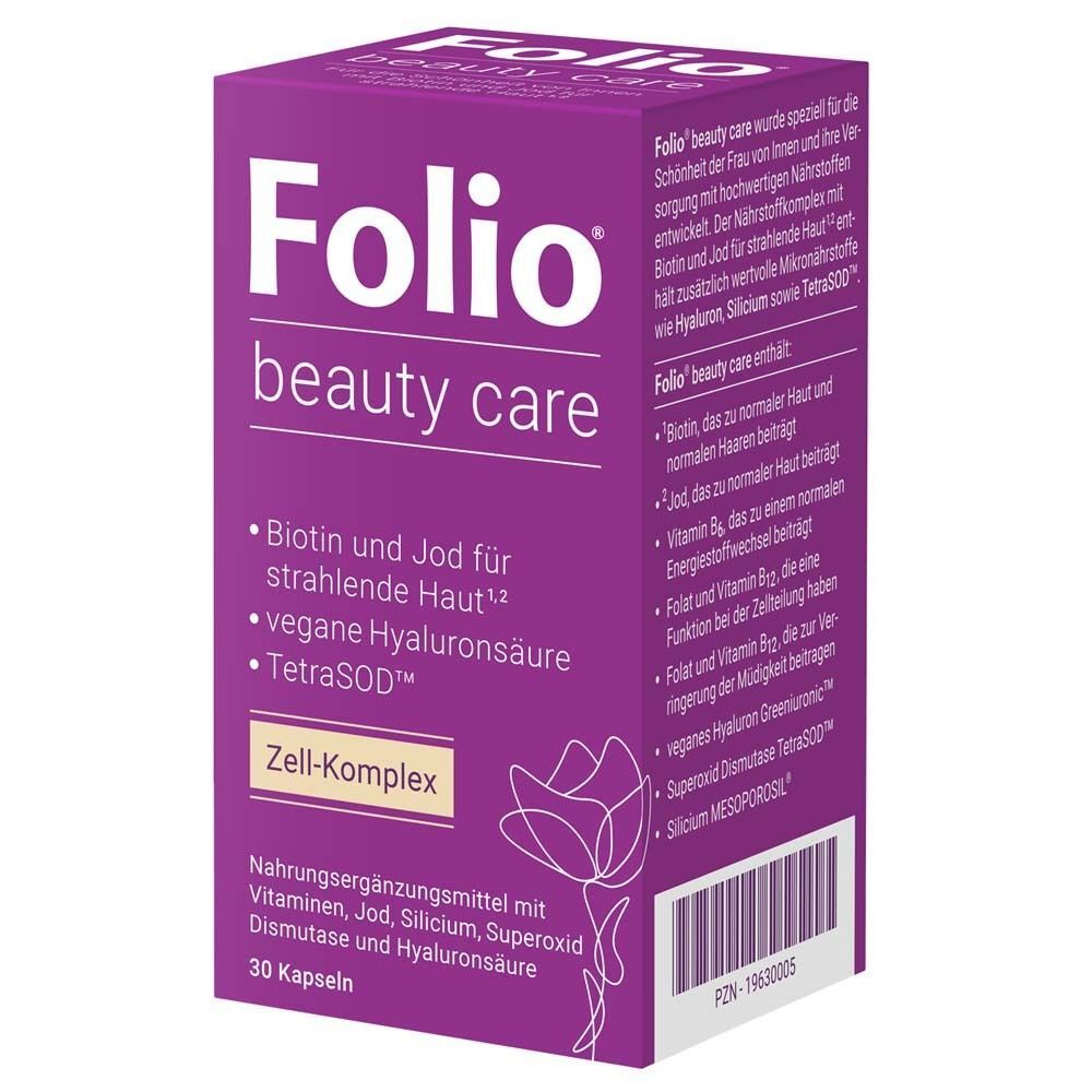 Verpackung von Folio beauty care Kapseln. Lila Schachtel mit weißer Schrift. Enthält 30 Kapseln. Text und Inhaltsstoffe.