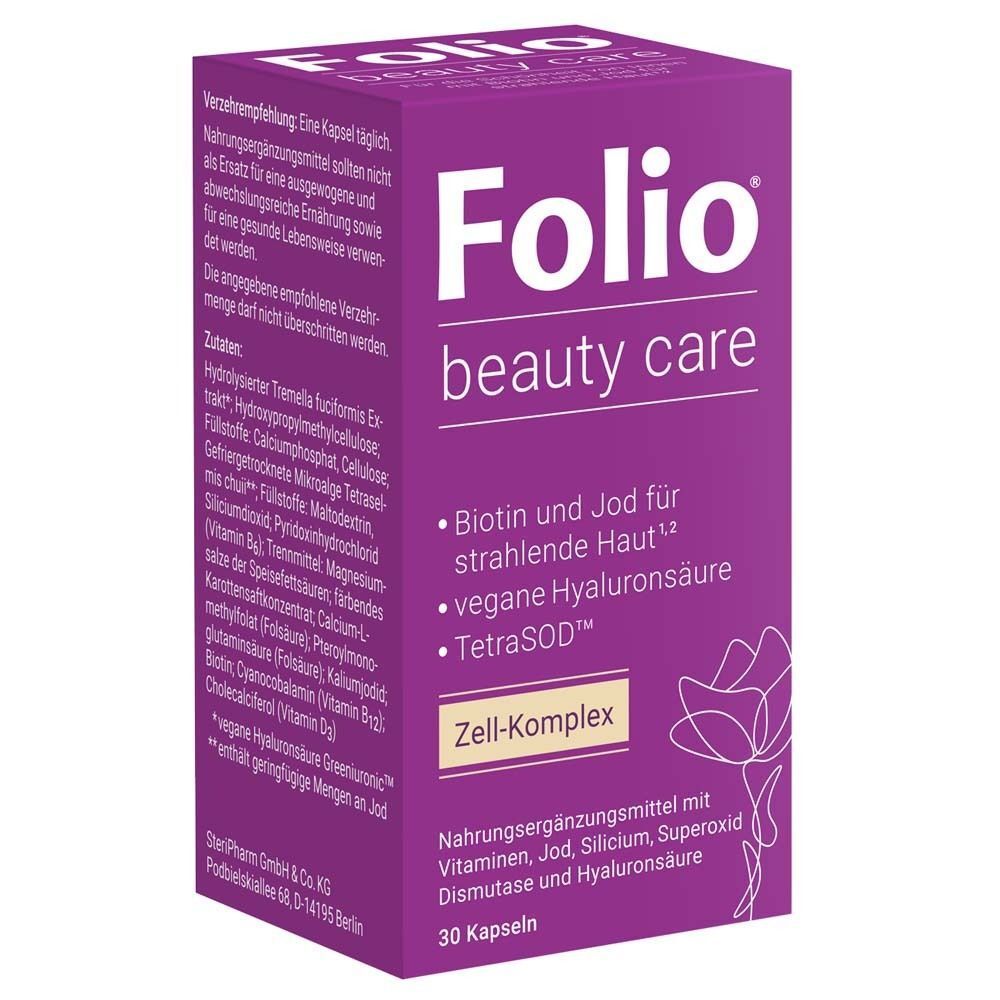 Verpackung von Folio beauty care Kapseln. Lila Schachtel mit weißer Schrift. Enthält 30 Kapseln. Text und Inhaltsstoffe.