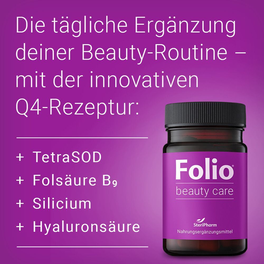 Flasche Folio beauty care Kapseln. Lila Etikett mit weißer Schrift. Schwarzer Deckel. Text mit Inhaltsstoffen.