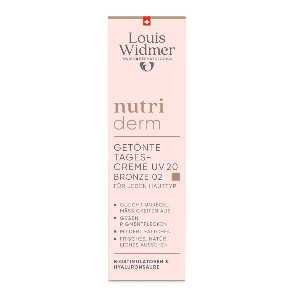 Verpackung der getönten Tagescreme. Aufschrift: Louis Widmer, nutriderm, Getönte Tagescreme UV20, Bronze 02. Farbton-Indikator.