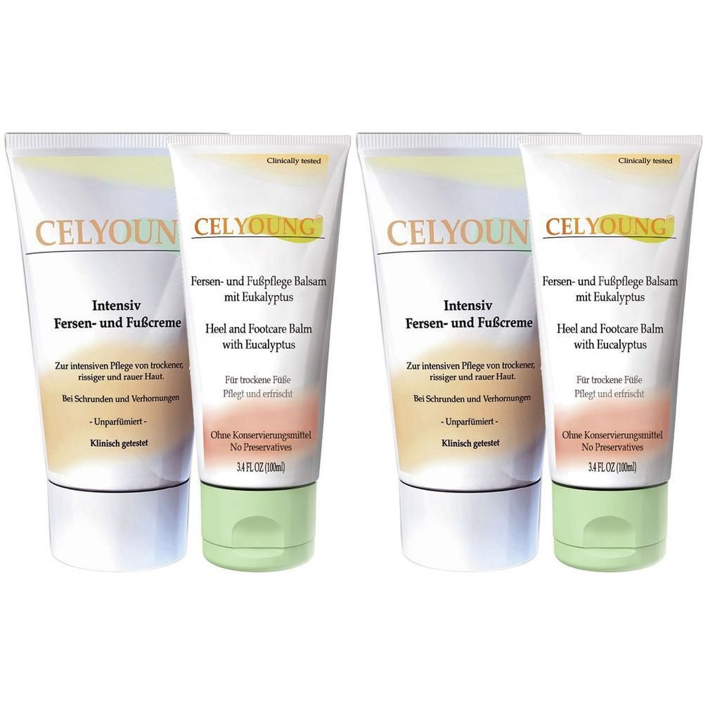 Mehrere Tuben CELYOUNG® Intensiv Fersen- und Fußcreme plus Balsam. Weiße Tuben mit grünen und gelben Akzenten, Produktbezeichnungen.