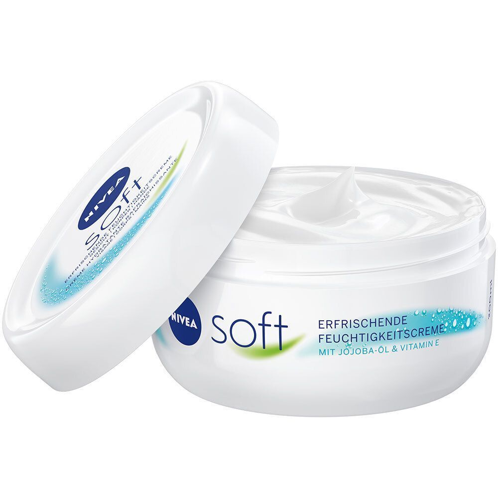 Weißer Tiegel mit geöffnetem Deckel. Aufschrift: NIVEA soft. Erfrischende Feuchtigkeitscreme. Mit Jojobaöl & Vitamin E.