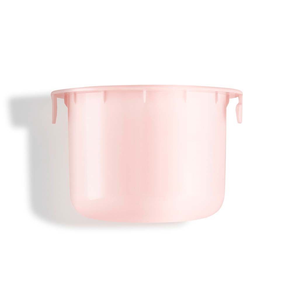 Rosa Nachfüllbehälter für Creme. Zylindrische Form mit zwei kleinen Griffen. Auf weißem Hintergrund.
