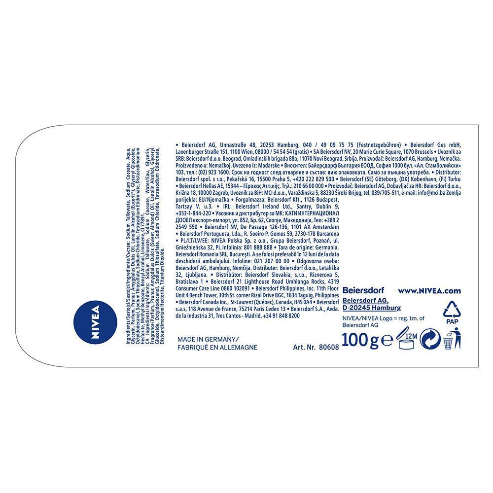 Rückseite einer weißen Seifenverpackung. NIVEA-Logo, Text in mehreren Sprachen, Informationen zum Hersteller, Gewicht 100g.