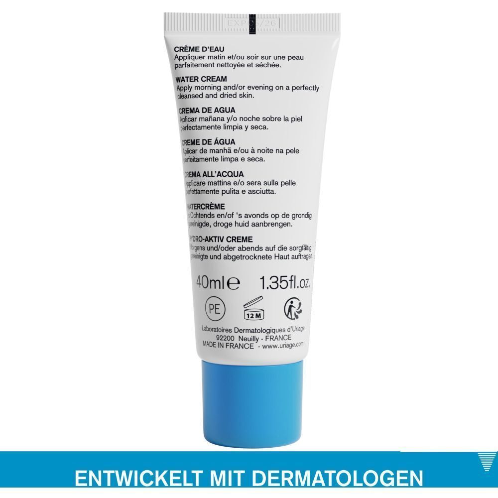 Rückseite einer Tube Uriage Hydro-Aktiv Creme. Text in mehreren Sprachen, 40ml, 1.35fl.oz.