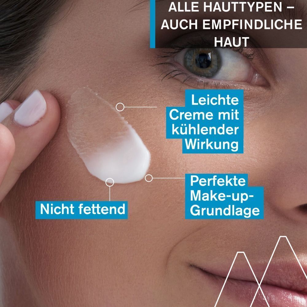 Nahaufnahme eines Gesichts mit Creme. Text: Nicht fettend, leichte Creme, perfekte Make-up-Grundlage.