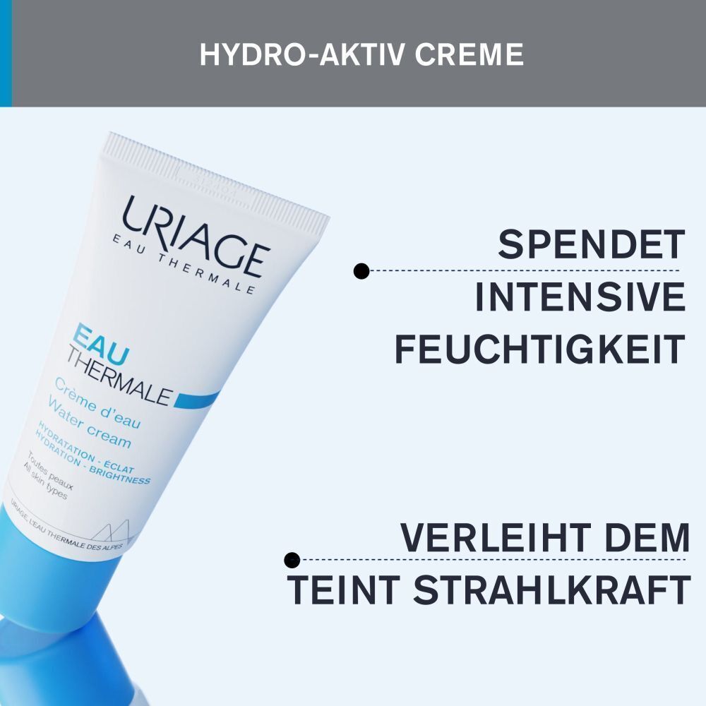 Uriage Hydro-Aktiv Creme Tube mit Text: Spendet intensive Feuchtigkeit, verleiht Teint Strahlkraft.