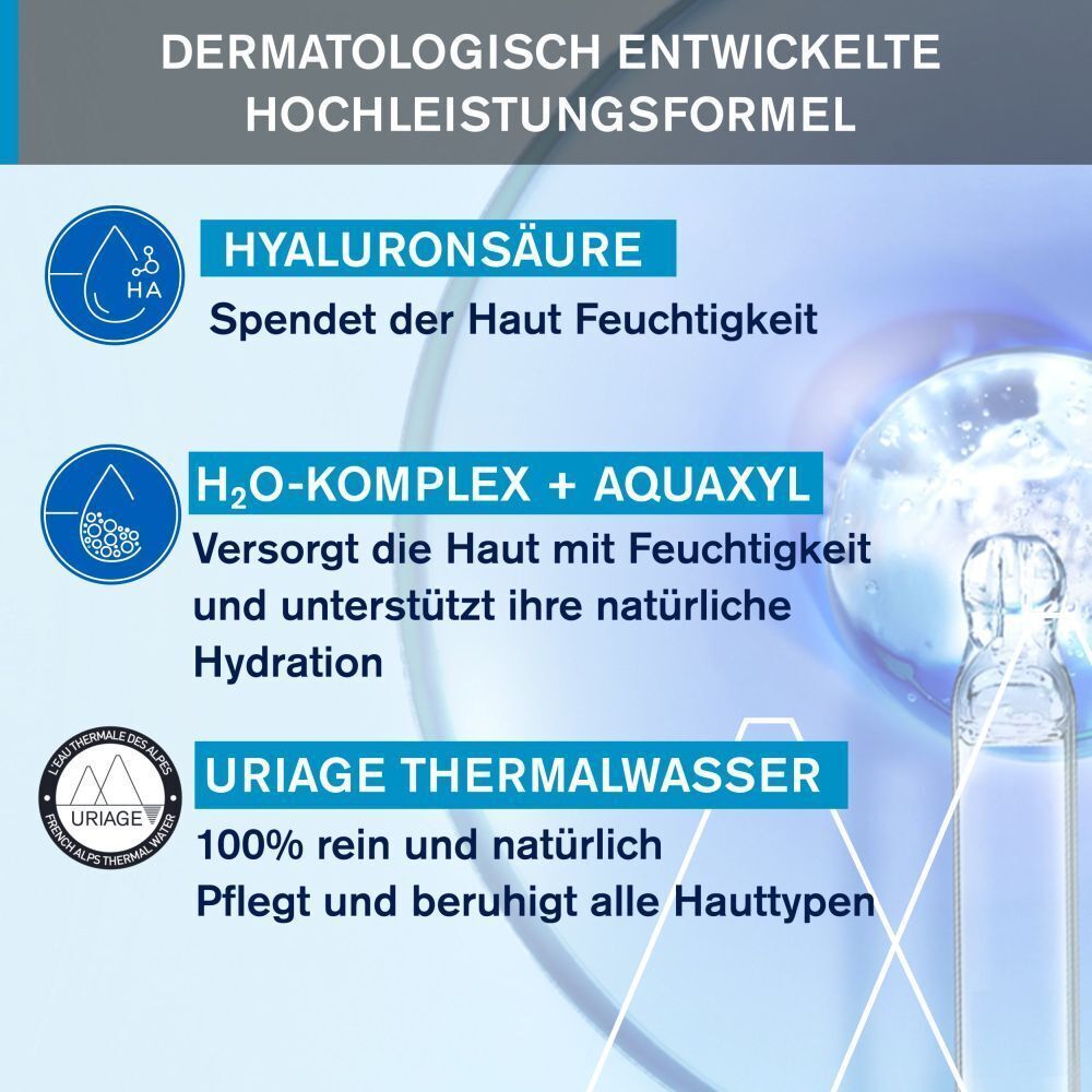 Grafik mit Inhaltsstoffen: Hyaluronsäure, H2O-Komplex + Aquaxyl, Uriage Thermalwasser.