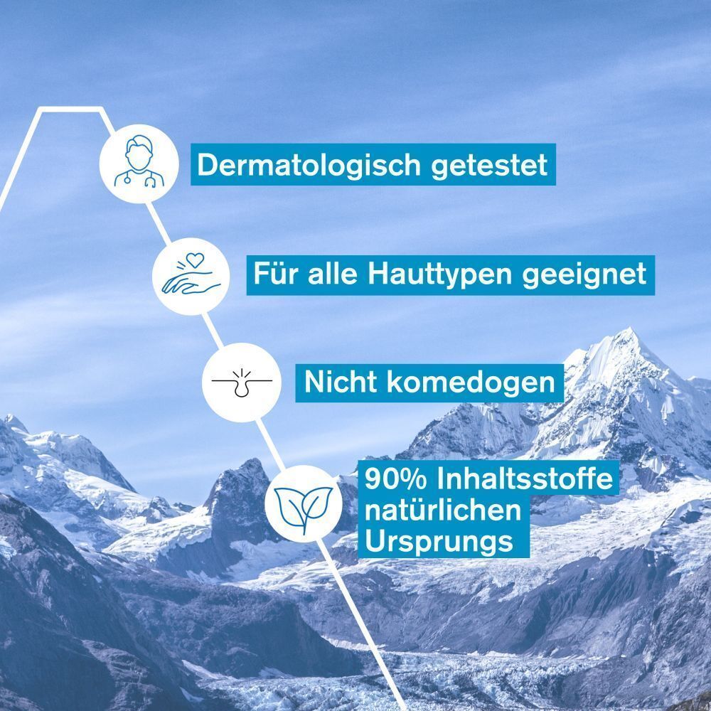 Grafik mit Text: Dermatologisch getestet, für alle Hauttypen geeignet, nicht komedogen, 90% natürliche Inhaltsstoffe.