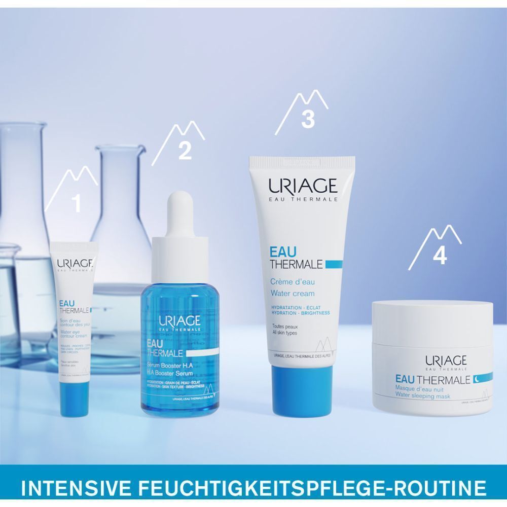 Vier Uriage Produkte: Serum, Creme, Maske. Text: Intensive Feuchtigkeitspflege-Routine.
