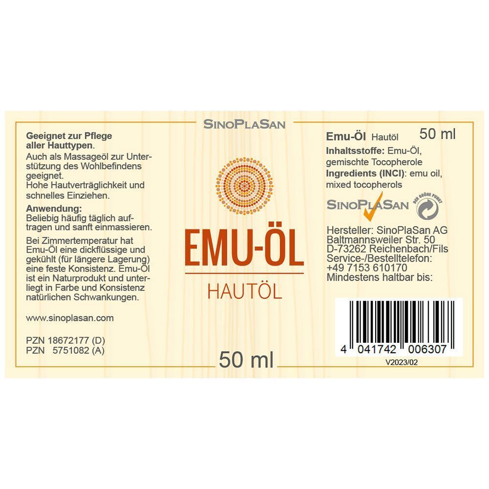 Etikett mit Produktnamen und Logo. Aufschrift: Emu-Öl Hautöl. Enthält Informationen zu Inhaltsstoffen und Hersteller.