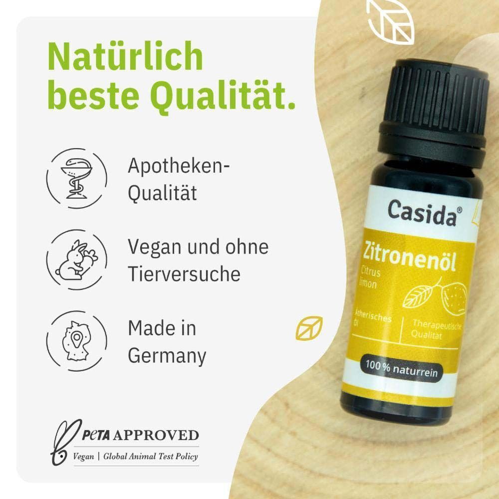 Casida Zitronenöl Flasche. Apotheken-Qualität, vegan und ohne Tierversuche, hergestellt in Deutschland. PETA Approved.