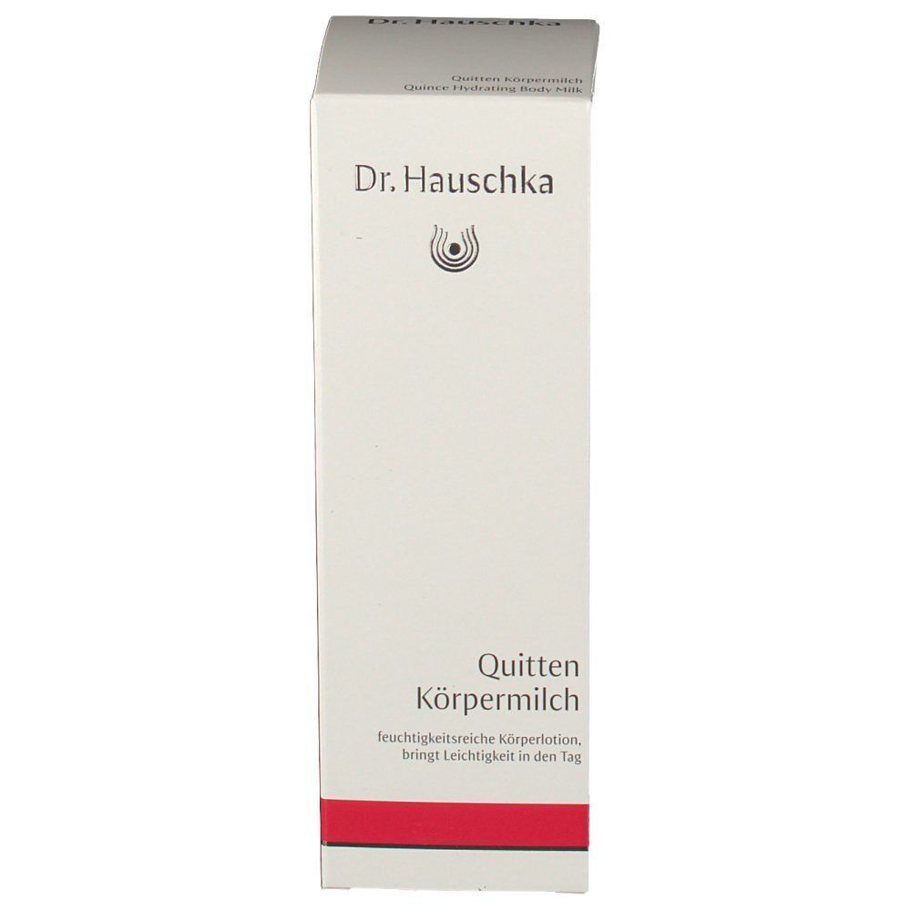 Dr. Hauschka Quitten Körpermilch Packung, Vorderseite mit deutscher Beschreibung.