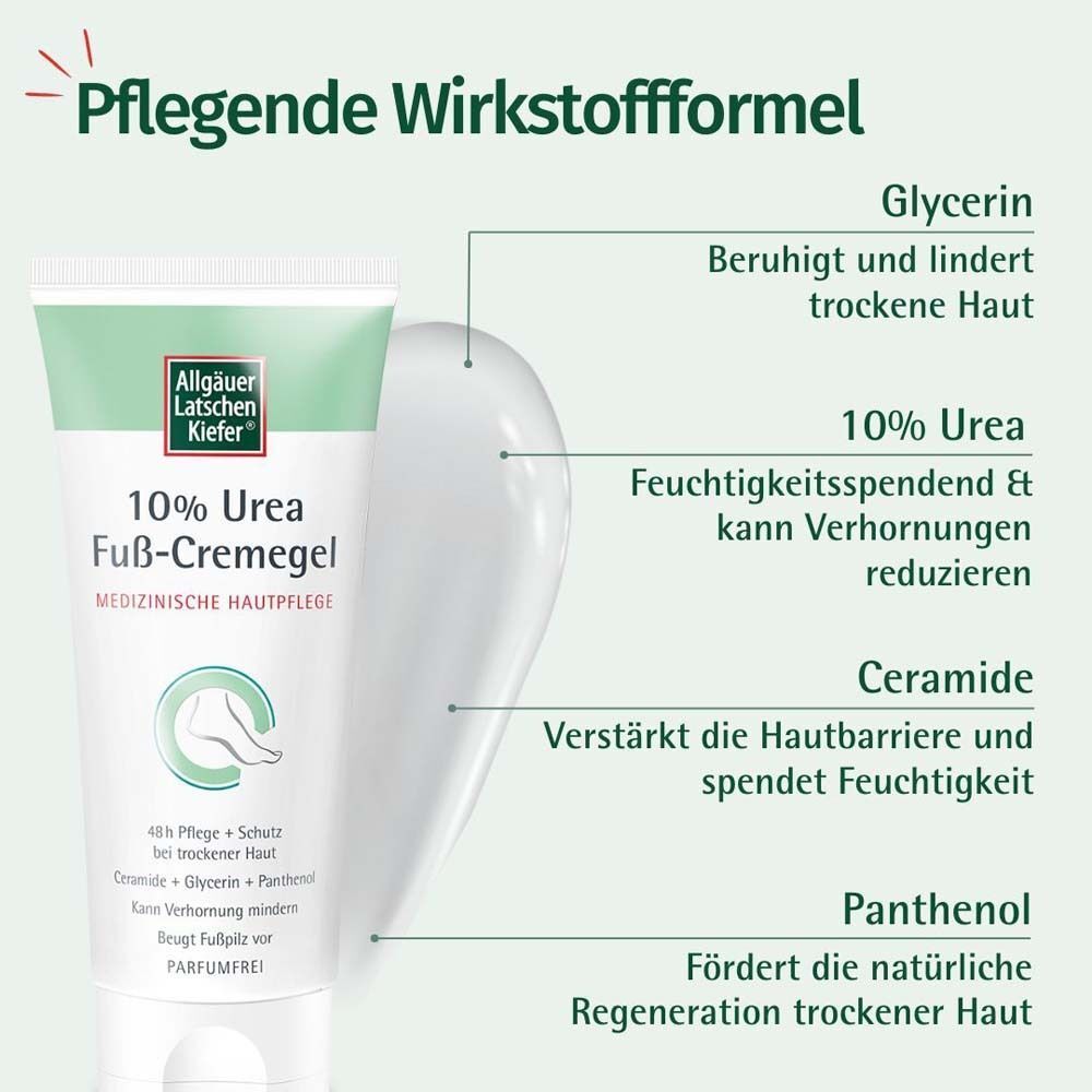 Fuß-Cremegel-Tube mit Text. Aufschrift: 10% Urea Fuß-Cremegel. Medizinische Hautpflege. Marke: Allgäuer Latschenkiefer. Wirkstoffformel.