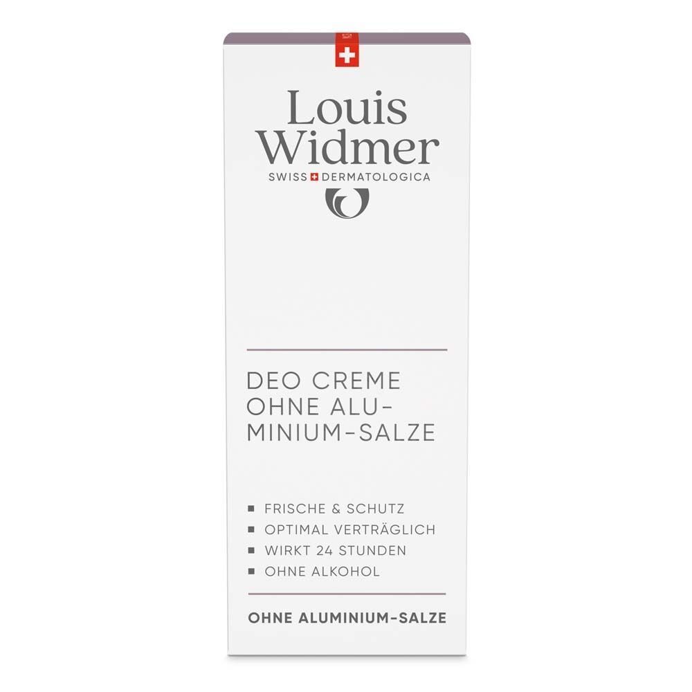Weiße Verpackung von Louis Widmer. Aufschrift: Deo Creme ohne Aluminium-Salze. Text: Frische & Schutz, optimal verträglich, wirkt 24 Stunden, ohne Alkohol.