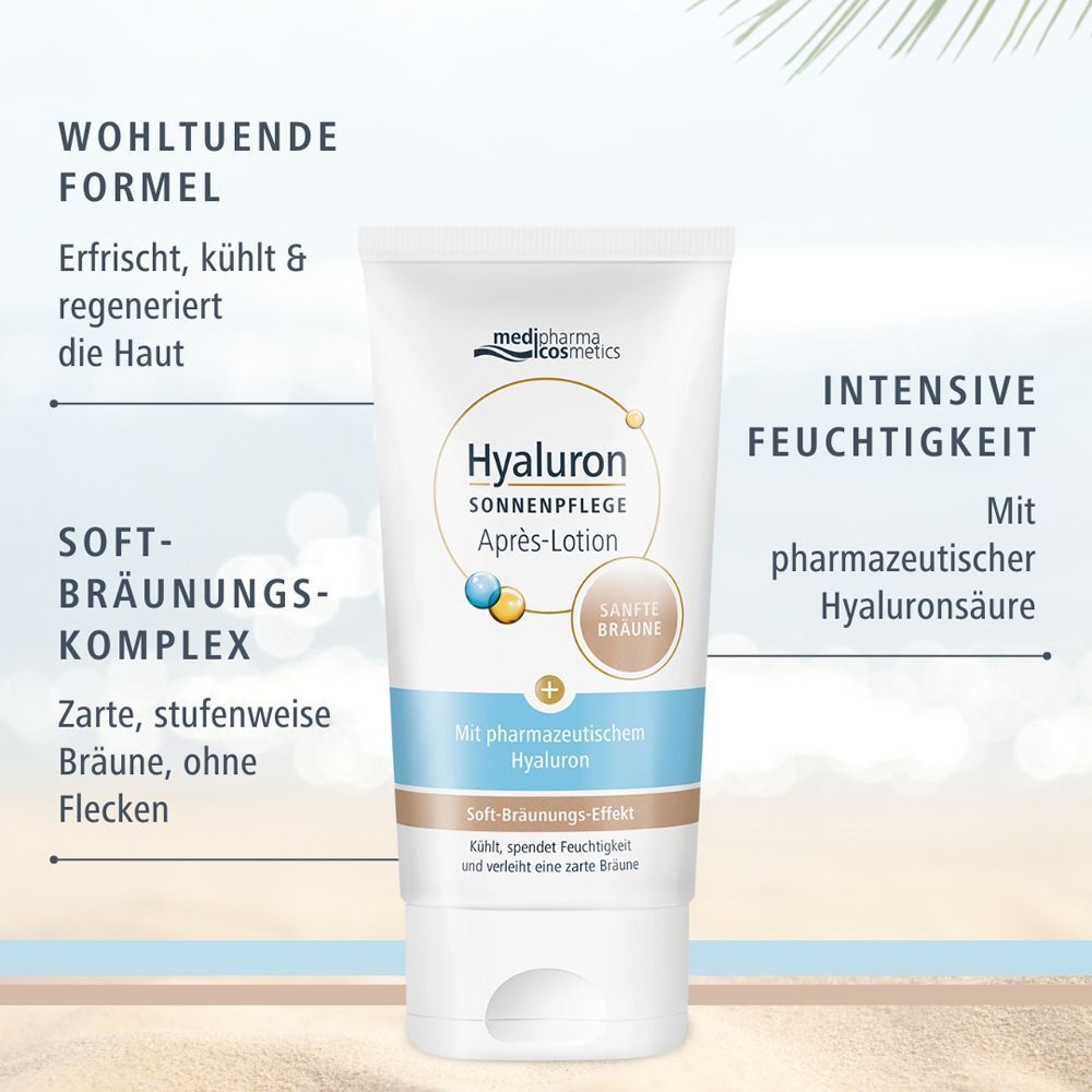 Tube Après-Lotion vor Strandhintergrund. Produktname: Hyaluron Sonnenpflege Après-Lotion. Marke: medipharma cosmetics. Text: Soft-Bräunungs-Komplex.
