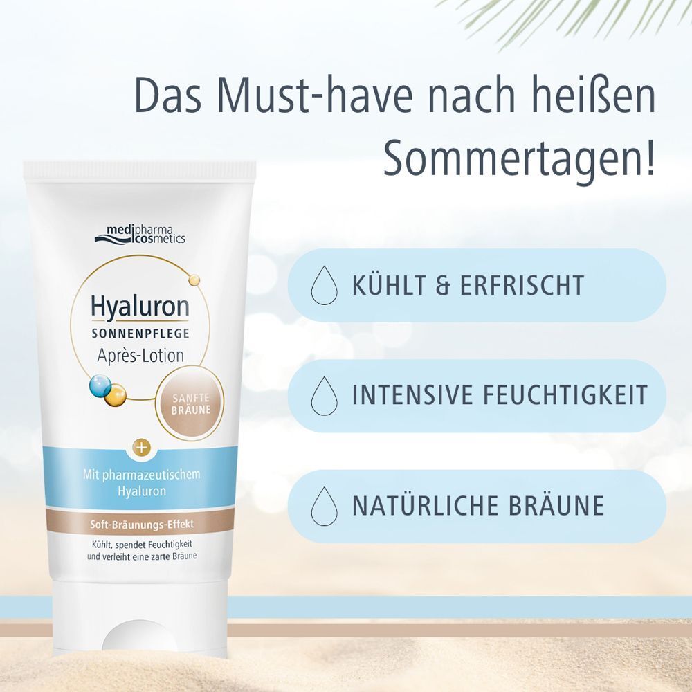 Tube Après-Lotion mit Text. Produktname: Hyaluron Sonnenpflege Après-Lotion. Marke: medipharma cosmetics. Text: Das Must-have nach heißen Sommertagen!
