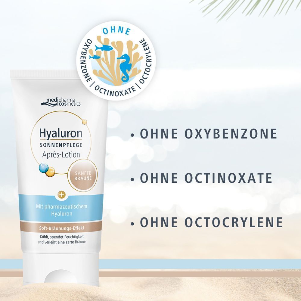 Tube Après-Lotion mit Text. Produktname: Hyaluron Sonnenpflege Après-Lotion. Marke: medipharma cosmetics. Text: Ohne Oxybenzone, Octinoxate, Octocrylene.