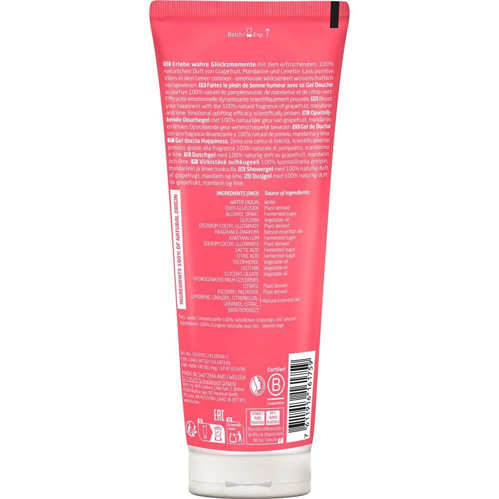 Rückseite einer rosa Tube Duschgel. Text in mehreren Sprachen. Inhaltsstoffe und Zertifizierungen sind sichtbar.