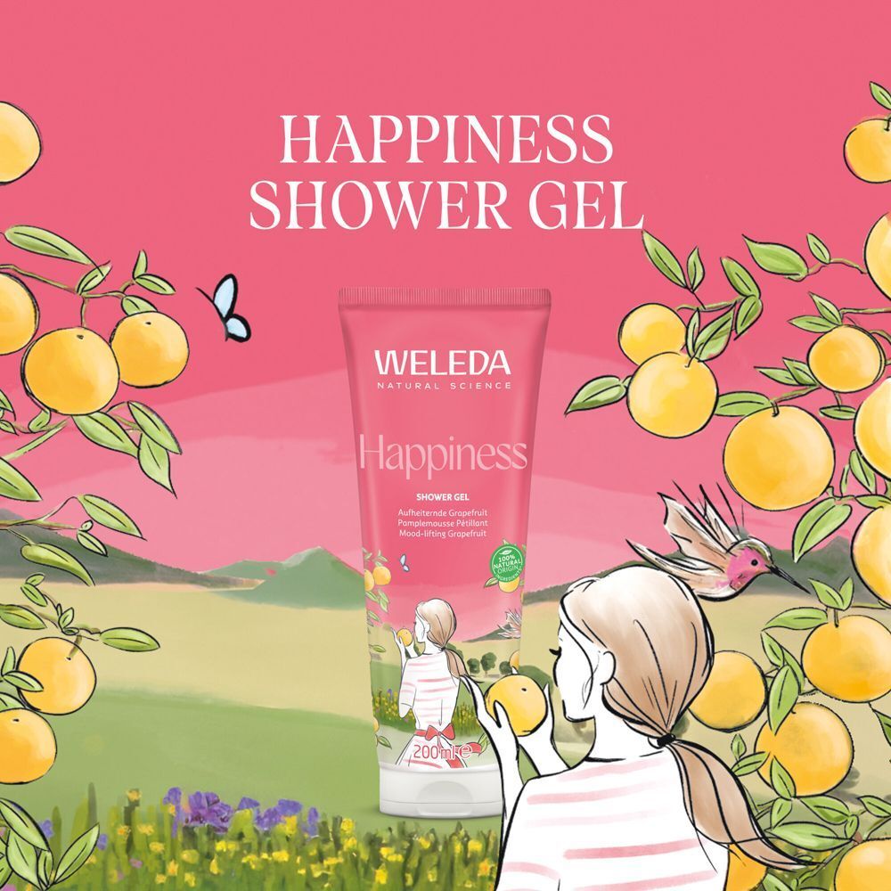 Rosa Hintergrund mit einer Tube Duschgel. Aufschrift: WELEDA, Happiness, Shower Gel. Illustration einer Frau mit Grapefruit.