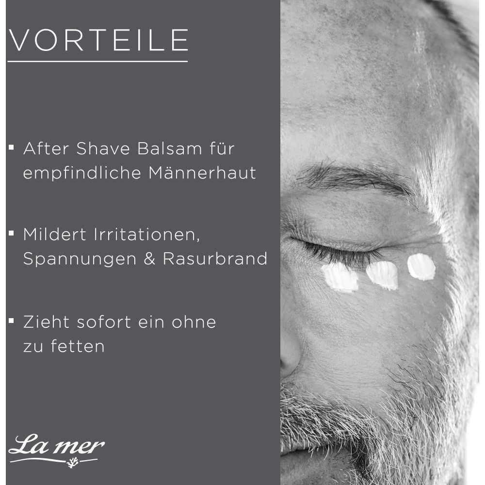 Nahaufnahme eines Mannes mit Creme auf der Haut. Text: After Shave Balsam für empfindliche Männerhaut.