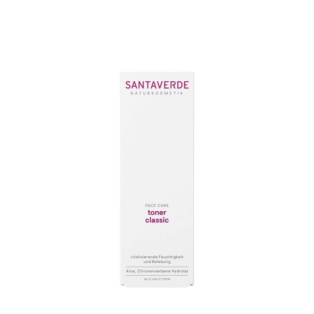 SANTAVERDE Toner Classic in weißer Verpackung. Text: Face Care, Toner Classic. Text: vitalisierende Feuchtigkeit und Belebung.