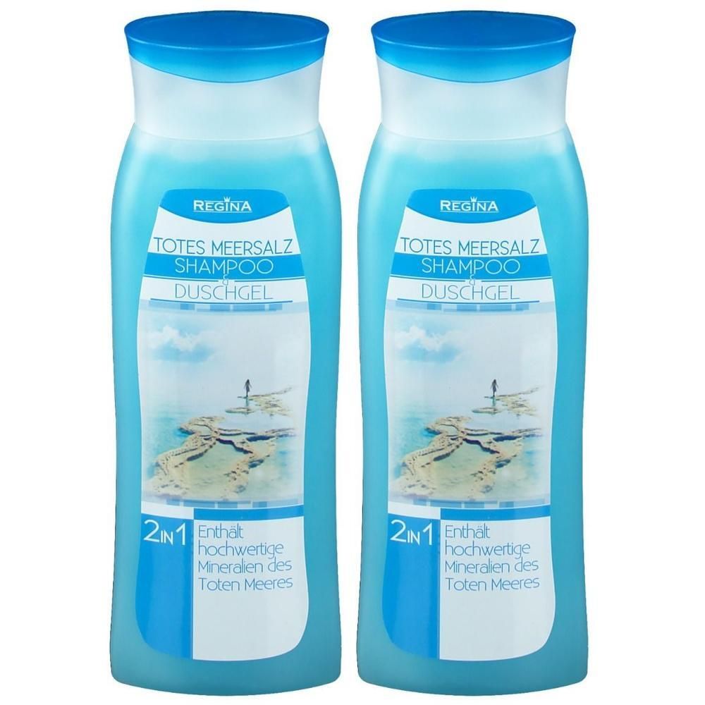 Zwei blaue Flaschen mit blauem Deckel. Aufschrift: TOTES MEERSALZ SHAMPOO DUSCHGEL 2in1. Enthält Mineralien des Toten Meeres.