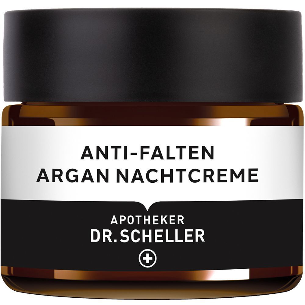 Braunes Cremetiegel mit schwarzem Deckel. Aufschrift: Anti-Falten Argan Nachtcreme. Apotheker Dr. Scheller. Weißes Etikett.