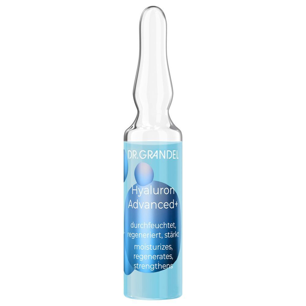 Nahaufnahme einer Glasampulle. Schriftzug: Hyaluron Advanced+. Blaue Flüssigkeit sichtbar.