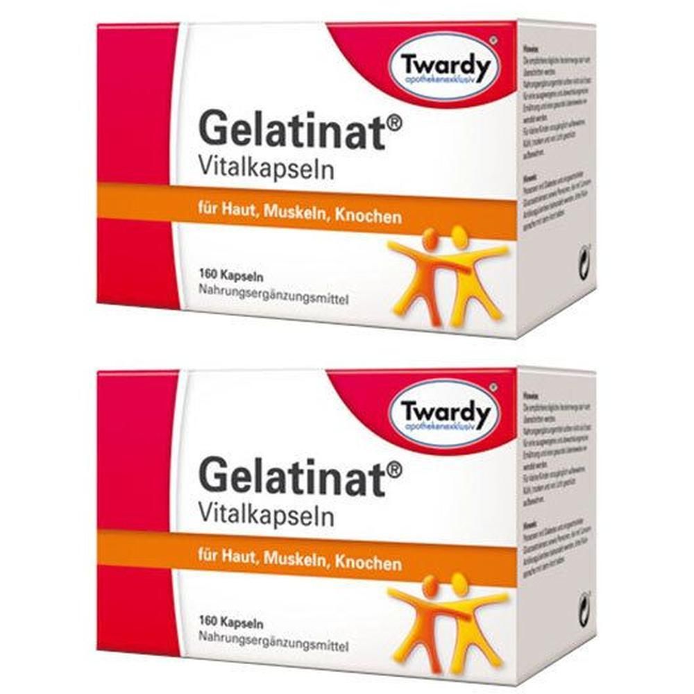 Zwei weiße Kartons mit roter und orangefarbener Beschriftung. Aufschrift: Gelatinat Vitalkapseln, 160 Kapseln. Marke: Twardy.