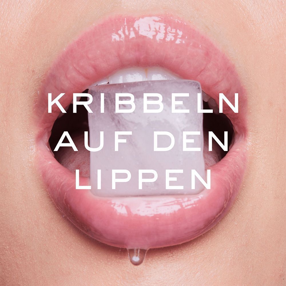 Mund mit Eiswürfel. Aufschrift: KRIBBELN AUF DEN LIPPEN.