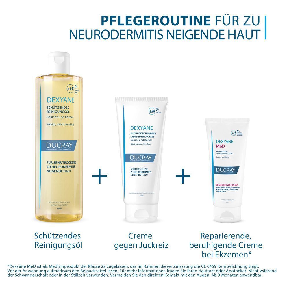 Produkt-Set. DUCRAY DEXYANE Reinigungsöl, Creme gegen Juckreiz, reparierende, beruhigende Creme bei Ekzemen. Text: Pflege-Routine für zu Neurodermitis neigende Haut.