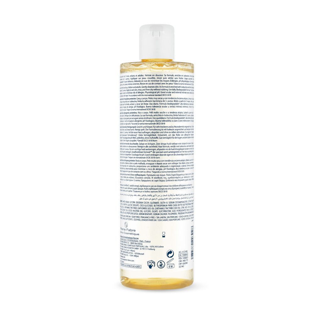 Rückseite der DUCRAY DEXYANE Reinigungsöl Flasche. Text und Symbole. Text: Dermatologisch getestet. Für sehr trockene zu Neurodermitis neigende Haut.