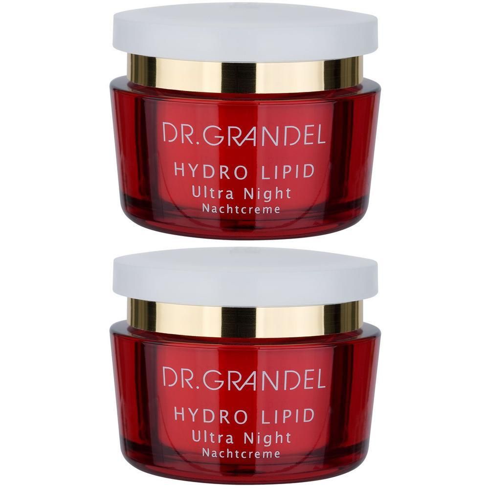 Zwei Tiegel Nachtcreme. Rote Gläser mit weißen Deckeln und goldenen Rändern. Aufschrift: DR. GRANDEL, HYDRO LIPID, Ultra Night, Nachtcreme.