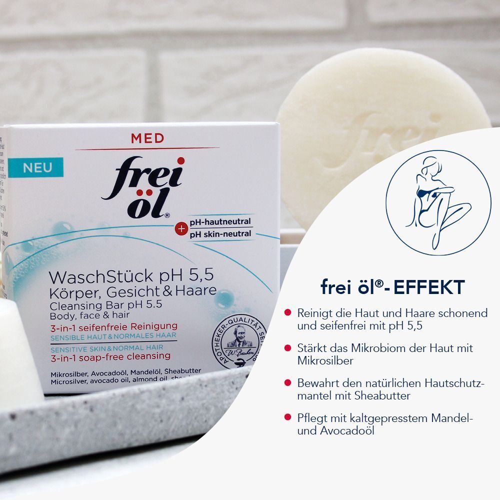 Produktverpackung und Waschstück. Text: frei öl WaschStück pH 5,5 Körper, Gesicht & Haare. 3-in-1 seifenfreie Reinigung.