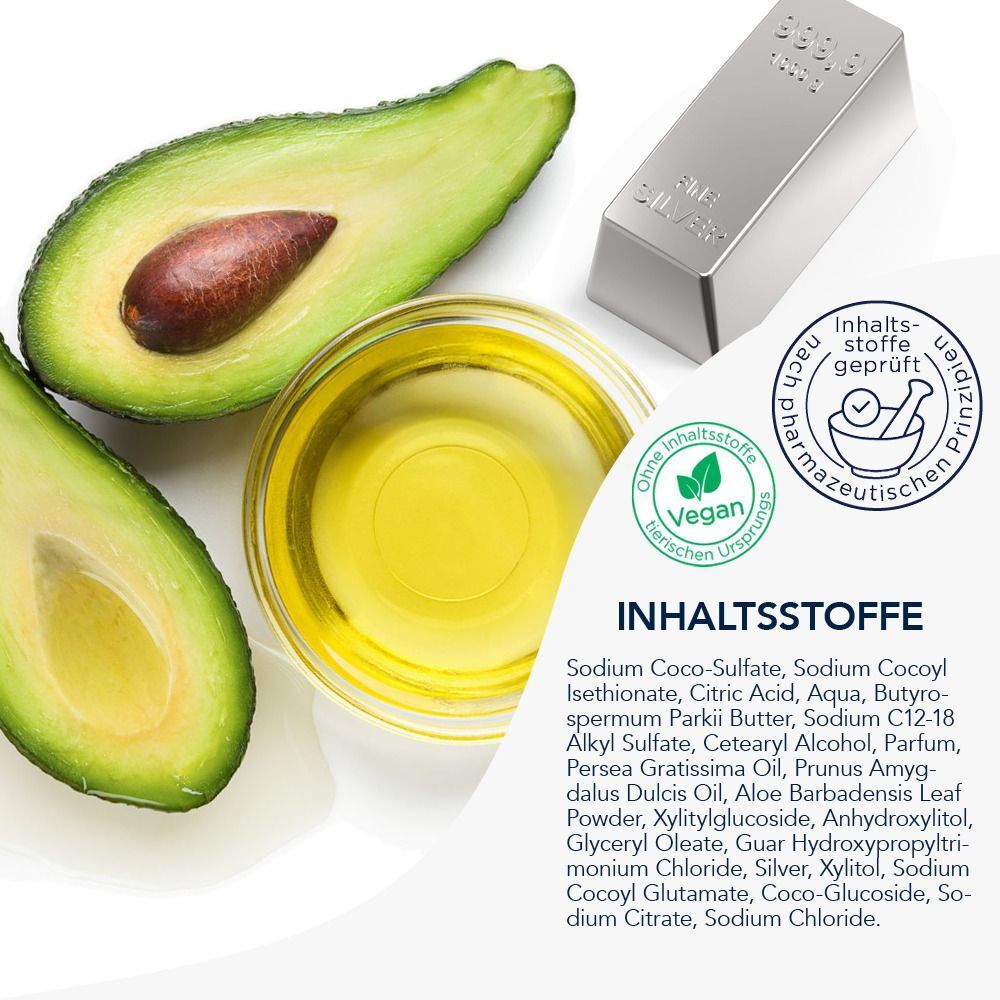 Hälfte einer Avocado, Öl, Silberbarren und Inhaltsstoffe-Liste. Text: Inhaltsstoffe, vegan, pharmazeutisch geprüft.