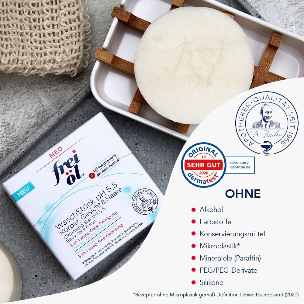 Waschstück und Produktverpackung. Text: frei öl WaschStück pH 5,5 Körper, Gesicht & Haare. Ohne: Alkohol, Farbstoffe, Mikroplastik.