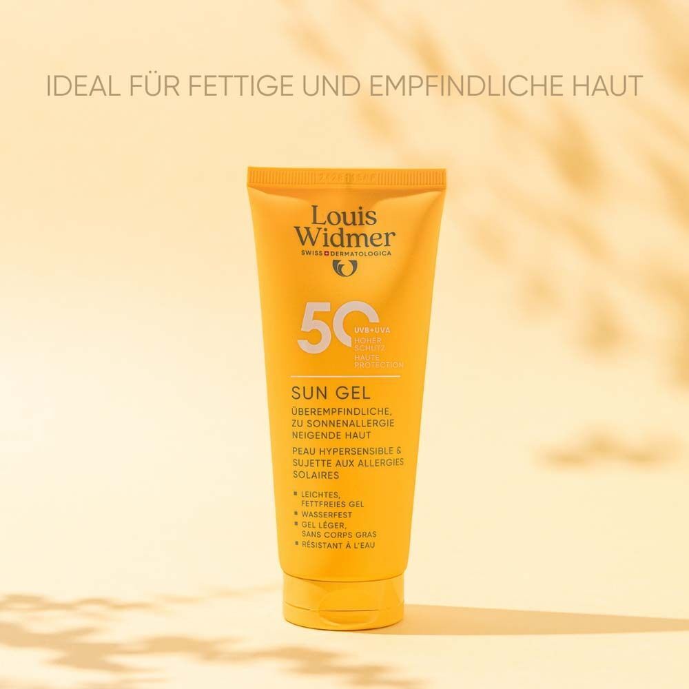 Gelbe Tube WIDMER Sun Gel 50. Aufschrift: 50, Sun Gel, für sonnenallergische Haut. Text: leichtes, fettfreies Gel.